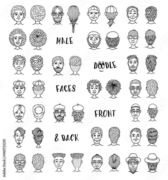 Obraz Set of Hand-Drawn Male Doodle Faces – Front and Back Vector Illustration in Black and White