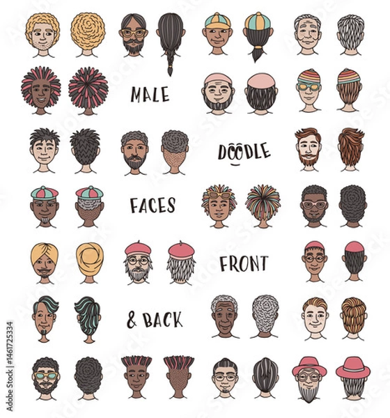 Obraz Collection of Hand-Drawn Male Doodle Faces – Front and Back Vector Illustration Set