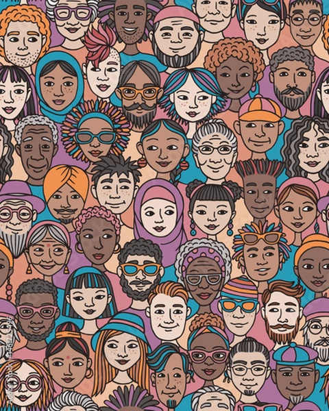 Obraz Seamless Hand-Drawn Vector Pattern of Diverse Doodle Faces