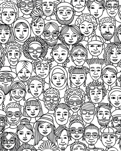 Obraz Seamless Hand-Drawn Vector Pattern of Diverse Doodle Faces in Black and White
