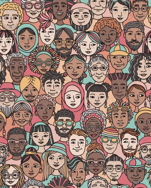 Obraz Seamless Hand-Drawn Vector Pattern of Diverse Doodle Faces
