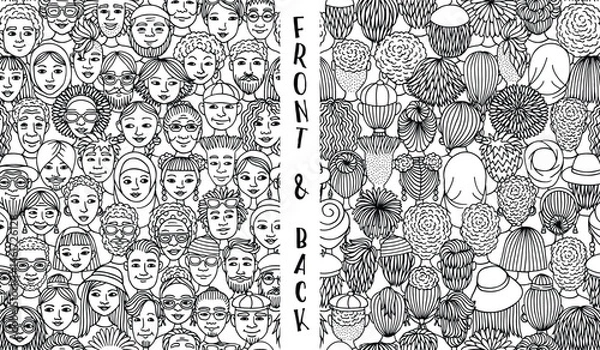 Obraz Seamless Hand Drawn Vector Pattern of Diverse Doodle Faces in Black and White – Front and Back View Illustration