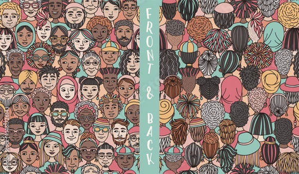 Obraz Seamless Hand Drawn Vector Pattern of Diverse Doodle Faces – Front and Back View Illustration