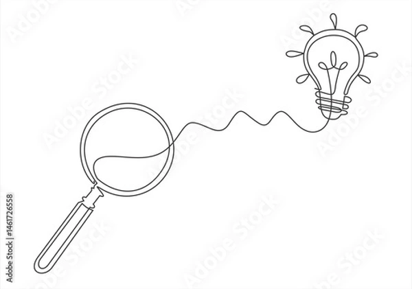 Fototapeta Continuous one line drawing of magnifying glass with lamp bulb. One line drawing illustration of magnifying glass and lamp bulb connected. Business idea concept single line. Editable outline