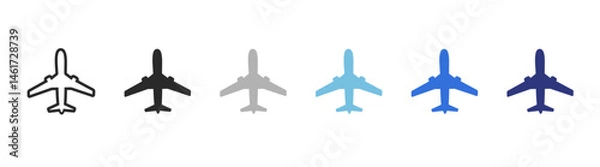 Obraz Airplane vector icon set in black and blue colors. Plane icons set in flat filled style. Transportation and travel symbol.