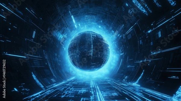 Fototapeta A digital globe symbolizes global data flow, featuring numeric elements and graphics. Surrounded by circular lines, it floats in a blue-black abstract space with futuristic energy.