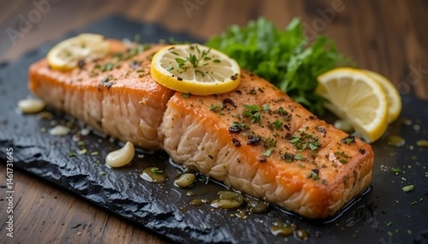 Fototapeta Baked salmon fillet with herbs, garlic, and lemon slices on rustic black slate