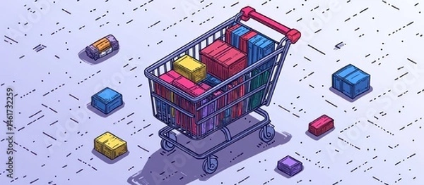 Fototapeta E-commerce Shopping Cart Overflowing with Colorful Packages