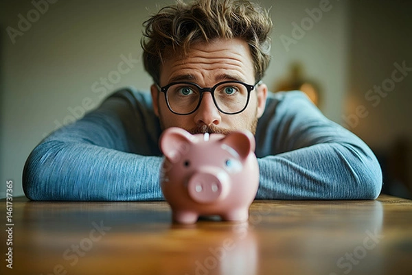 Fototapeta Focused man contemplating a small piggy bank.