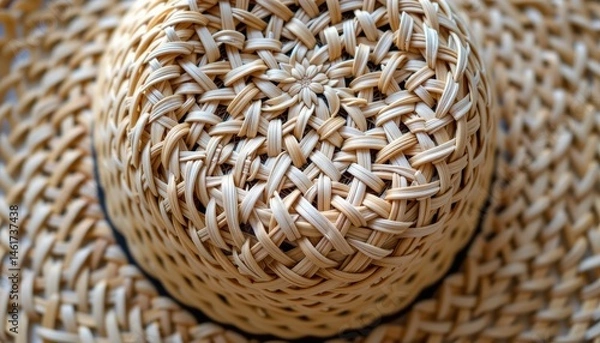 Fototapeta Close-Up View of Intricate Weaving on a Straw Hat Highlighting Natural Texture and Design