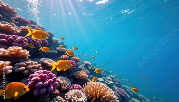 Fototapeta Vibrant Underwater Scene with Colorful Coral Reefs and Tropical Fish Illuminated by Sunlight
