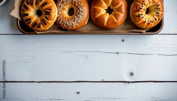 Fototapeta Four Golden Bagels With Sesame Seeds and Star Shaped Toppings on a Rustic Wooden Table
