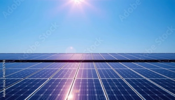 Fototapeta Solar Energy Panels Under Clear Blue Sky Capturing Sunlight for Renewable Energy Generation