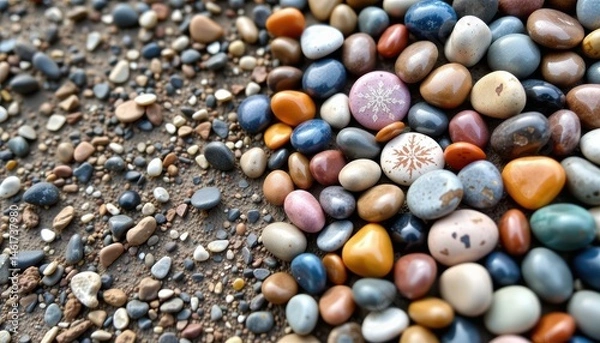 Fototapeta Colorful Assortment of Smooth Pebbles and Stones on Ground in Natural Outdoor Setting