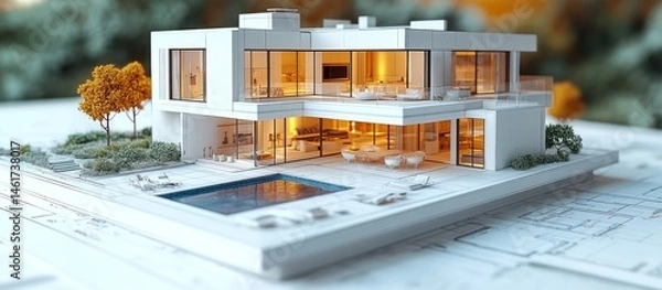 Fototapeta Modern Architectural House Model with Pool and Landscaping