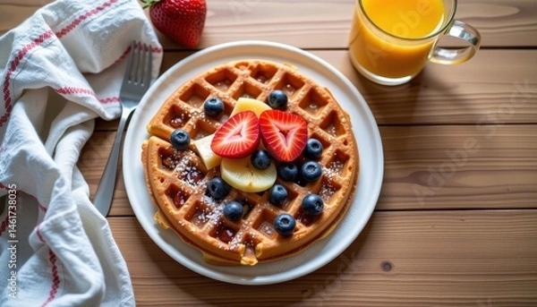 Fototapeta Delicious Waffle Topped with Fresh Berries and Banana Served with Orange Juice on Wooden Table