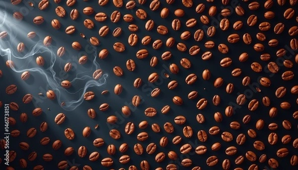 Fototapeta Close-Up View of Roasted Coffee Beans Spread on Dark Background with Natural Textures and Lighting