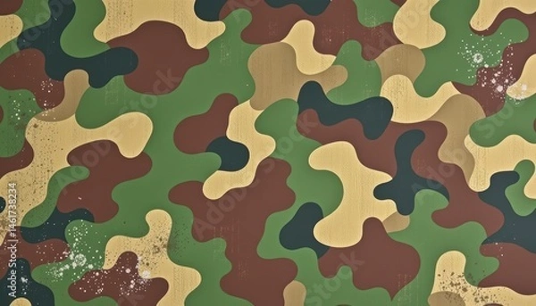 Fototapeta Abstract Camouflage Pattern Featuring Green, Brown, and Gold Shapes on Textured Surface