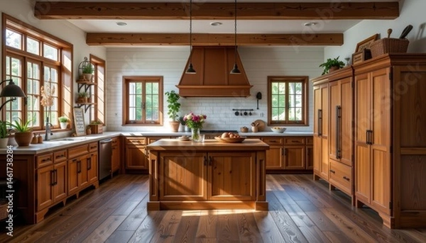 Fototapeta Warm and Inviting Rustic Wooden Kitchen Interior with Natural Light and Elegant Design Features