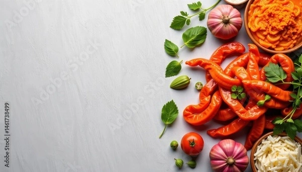 Fototapeta Colorful Display of Fresh Vegetables Including Pumpkin and Peppers on Grey Background