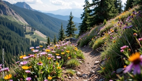 Fototapeta Scenic Mountain Trail Lined With Vibrant Wildflowers Under Clear Blue Sky