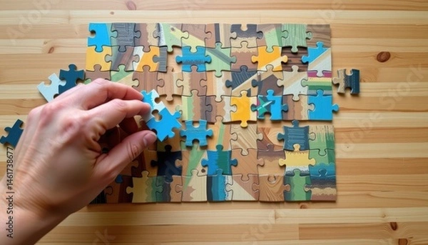 Fototapeta Close Up of a Hand Placing a Piece in a Colorful Jigsaw Puzzle on a Wooden Table