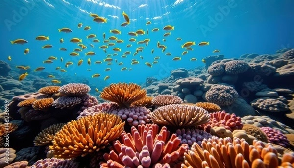 Fototapeta Vibrant Underwater Scene with Colorful Coral Reef and School of Fish in Clear Ocean Water