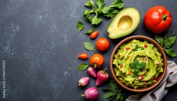Fototapeta Fresh Guacamole with Avocado, Tomatoes, and Herbs on a Dark Kitchen Countertop