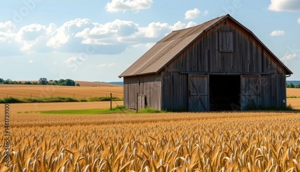 Fototapeta Rustic Wooden Barn Surrounded by Golden Cornfield Under a Bright Blue Sky with Fluffy Clouds