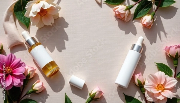 Fototapeta Arranged White Cosmetic Bottles Surrounded by Pink and White Flowers on a Textured Surface