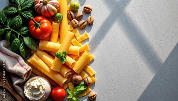 Fototapeta Colorful Pasta Ingredients With Tomatoes And Fresh Basil On A Sunlit Kitchen Table