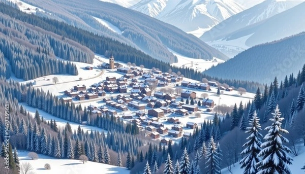 Fototapeta Aerial View of a Snow Covered Village Nestled in the Valley of Snowy Mountains in Winter