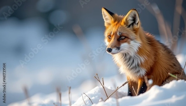 Fototapeta Close-Up Portrait of a Beautiful Red Fox Sitting in Snowy Wilderness During Winter