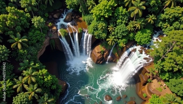 Fototapeta Aerial View of Majestic Waterfalls Cascading Through Lush Green Jungle in Tropical Landscape