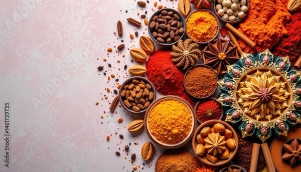 Fototapeta Colorful Array of Aromatic Spices and Herbs Displayed in Bowls on a Textured Surface
