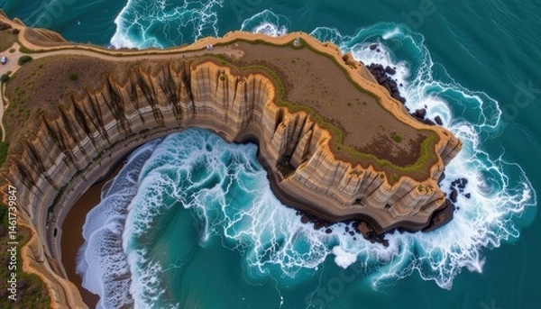 Fototapeta Aerial View of Rocky Cliffs and Turquoise Waves Along a Dramatic Coastline