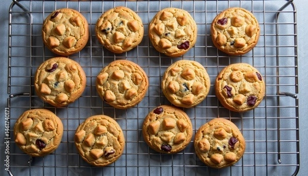 Fototapeta Freshly Baked Golden Cookies on Baking Rack with Chopped Nuts and Cranberries
