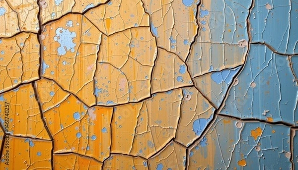 Fototapeta Abstract Close-Up of Cracked Paint in Bright Yellow and Soft Blue Tones on a Weathered Surface