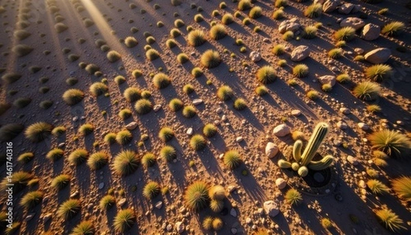 Fototapeta Aerial View of Desert Landscape Featuring Cactus and Shadow Patterns Under Bright Sunlight