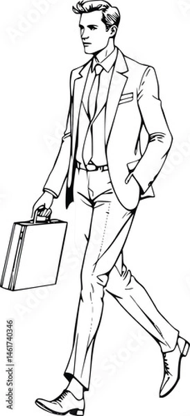 Fototapeta man with a suitcase, minimalist, black on white background line art illustration