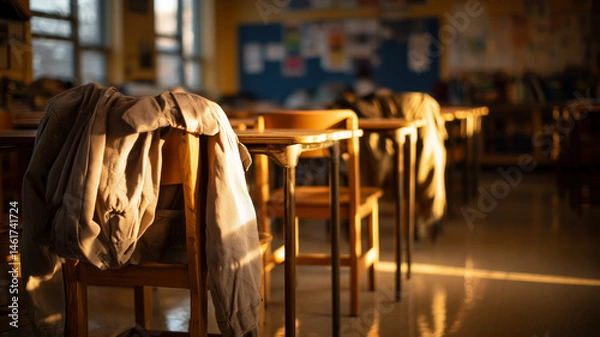 Fototapeta Classroom interior with desks and a jacket draped on a chair bathed in warm sunlight, evocative of learning and routine.