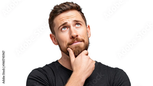 Fototapeta Intense contemplation: A man of thought, lost in a moment of deep thinking, with his gaze fixed upwards and a hand thoughtfully touching his chin.