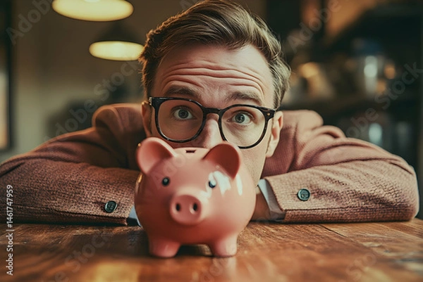 Fototapeta Close-up view of a man looking intently at a piggy bank.