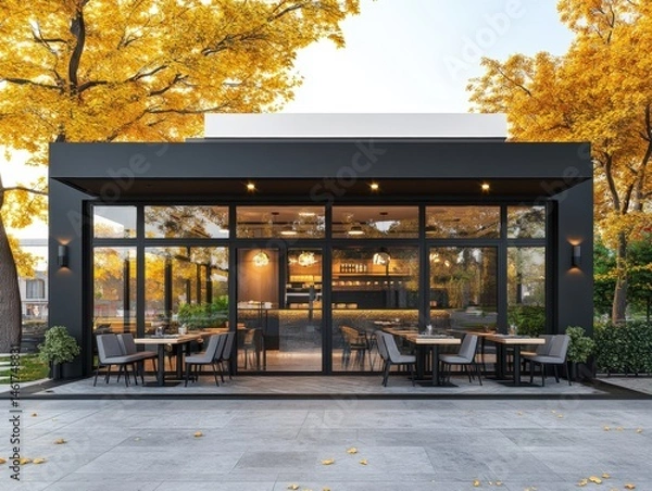 Fototapeta Modern cafe exterior in autumn with outdoor seating and large windows showcasing interior design