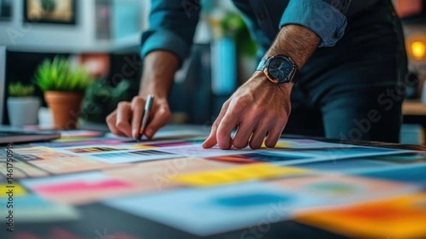 Fototapeta A Designer Reviewing Colorful Marketing Materials
