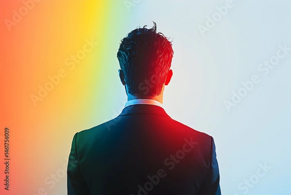 Fototapeta A man in a suit, back view, confronting a vibrant spectrum.