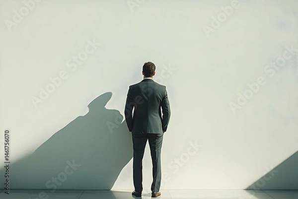 Fototapeta A contemplative man in a suit facing a plain wall.