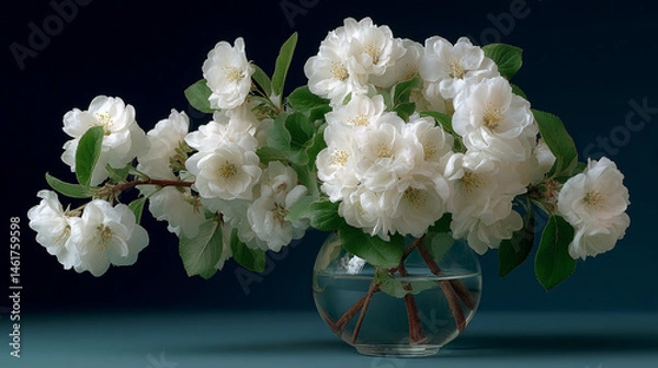 Fototapeta white blossoming branch of apple tree in a clear glass vase placed on a dark matte surface
