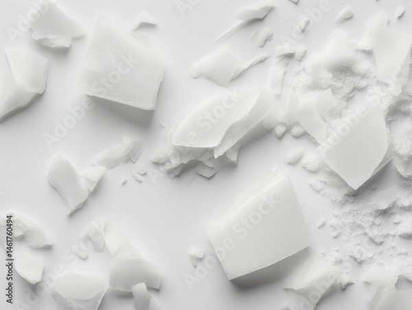 Fototapeta White Soy Wax Flakes and Chunks Scattered on White Background Top Down Studio Shot for Candle Making and Cosmetics