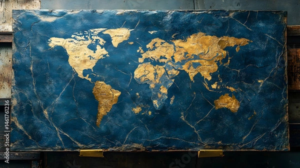 Fototapeta Detailed world map design on a dark blue stone slab.